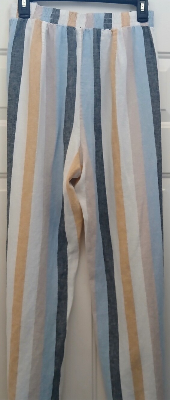 CATO Womens Striped  Linen Pull-On Pants in Blue, Cream & Tan